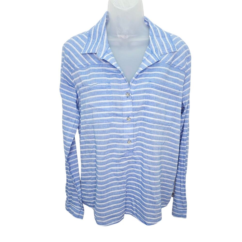 Mountain Hardwear Blue White Stripe Button Front Shirt Hi Low Hem Women’s XL